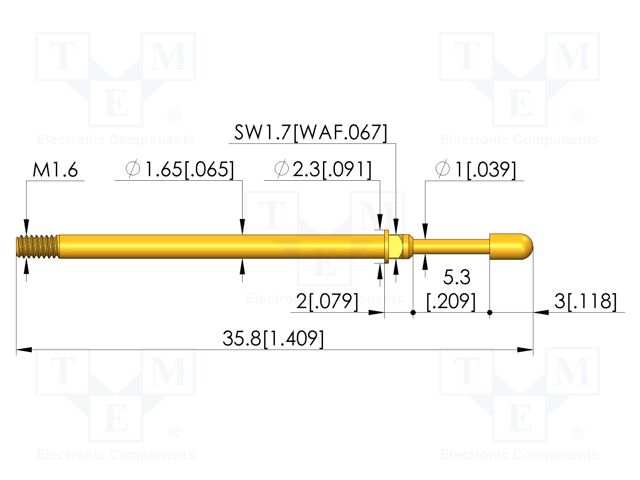 Test needle; Spring compression: 4mm; 5.3mm; 5A; CuBe; gold-plated
