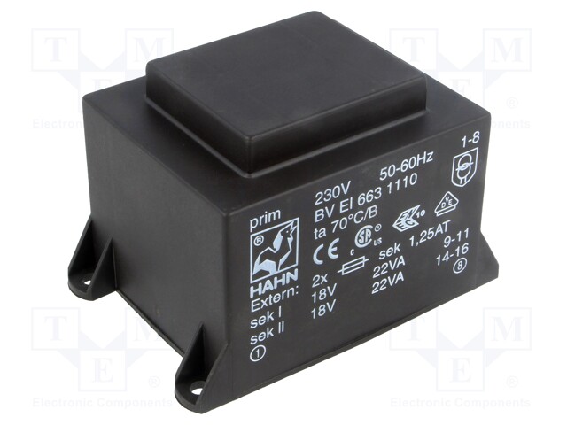 Transformer: encapsulated; 44VA; 230VAC; 18V; 18V; 1222mA; 1222mA