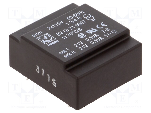 Transformer: encapsulated; 1VA; 115/115VAC; 21V; 21V; 23mA; 23mA
