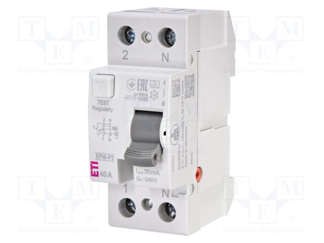 RCD breaker; Inom: 40A; Ires: 30mA; Poles: 2; 230V,240V; IP20; EFI