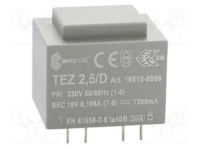 Transformer: encapsulated; 2.5VA; 230VAC; 15V; 166.6mA; IP00; 100g