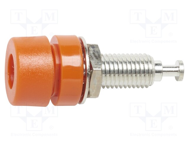Socket; 4mm banana; 15A; orange; tinned; on panel; max.115°C; 60VDC
