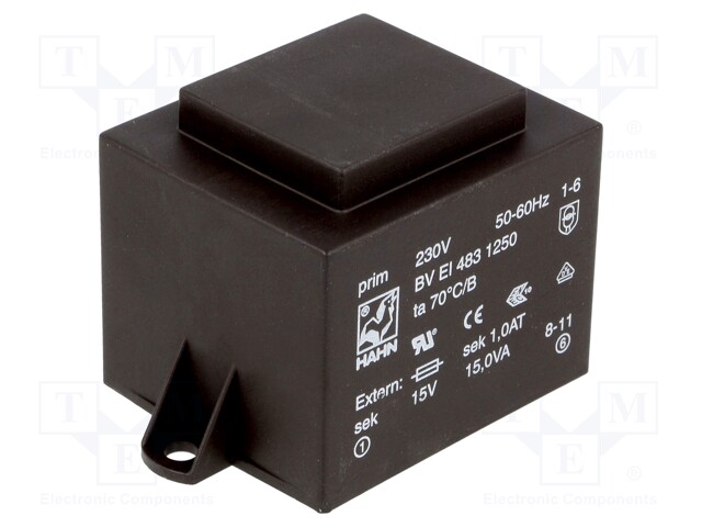 Transformer: encapsulated; 15VA; 230VAC; 15V; 1000mA; Mounting: PCB