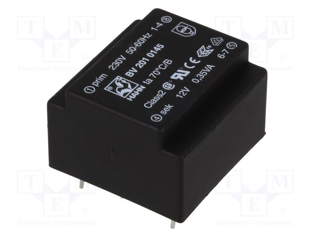 Transformer: encapsulated; 0.35VA; 230VAC; 12V; 29mA; Mounting: PCB