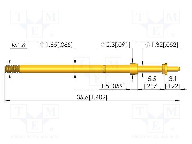 Test needle; Spring compression: 4mm; 5mm; 8A; CuBe; gold-plated