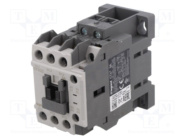 Contactor: 3-pole; NO x3; Auxiliary contacts: NO + NC; 380VAC; 9A