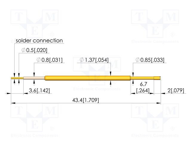Test needle; Spring compression: 5mm; 6.3mm; 3A; CuBe; gold-plated