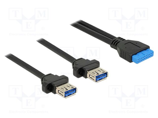 Cable; USB 3.0; USB A socket x2,19pin pin header; 0.8m; black