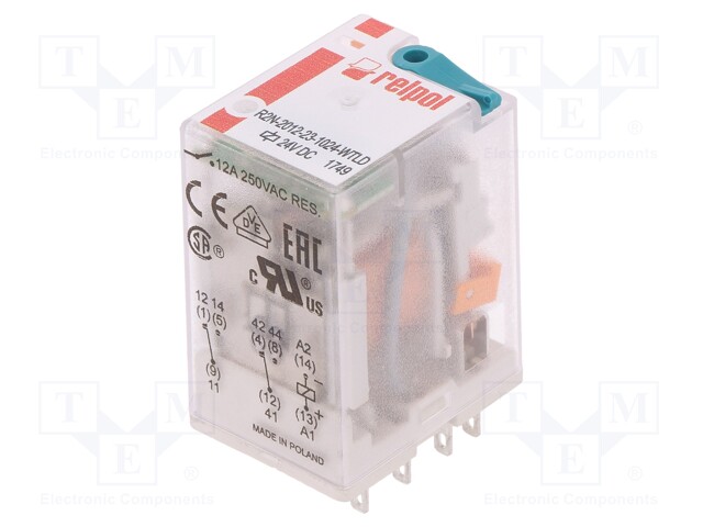 Relay: electromagnetic; DPDT; Ucoil: 24VDC; 12A/250VAC; 12A/24VDC