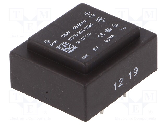 Transformer: encapsulated; 0.7VA; 230VAC; 9V; 78mA; Mounting: PCB