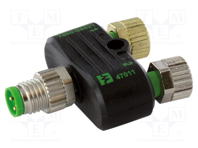 T adapter; M8 male 4pin,M8 female 3pin x2; IP67; 4A; 30VDC; 30VAC
