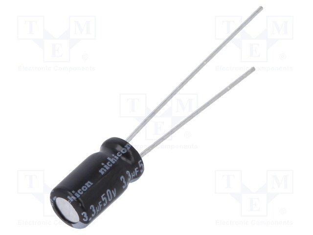 Capacitor: electrolytic; THT; 3.3uF; 50VDC; Ø5x9mm; Pitch: 2mm; ±20%