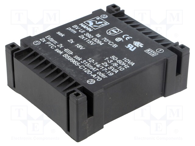 Transformer: encapsulated; 10VA; 115/115VAC; 18V; 18V; 277mA; 277mA