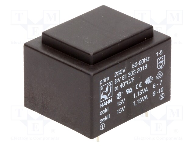 Transformer: encapsulated; 2.3VA; 230VAC; 15V; 15V; 76mA; 76mA; 81g