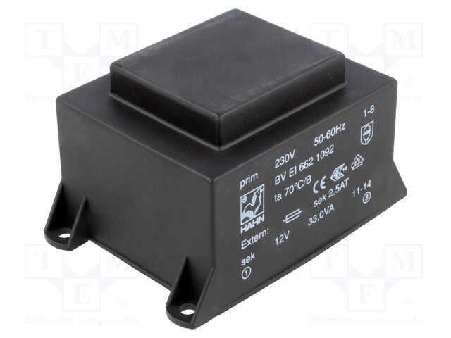 Transformer: encapsulated; 33VA; 230VAC; 12V; 2750mA; Mounting: PCB