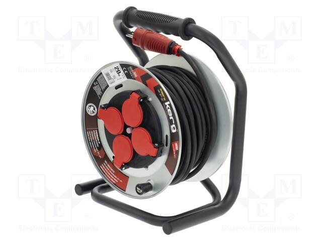 Extension lead; reel; Sockets: 4; rubber; black; 3x1,5mm2; 20m; 16A