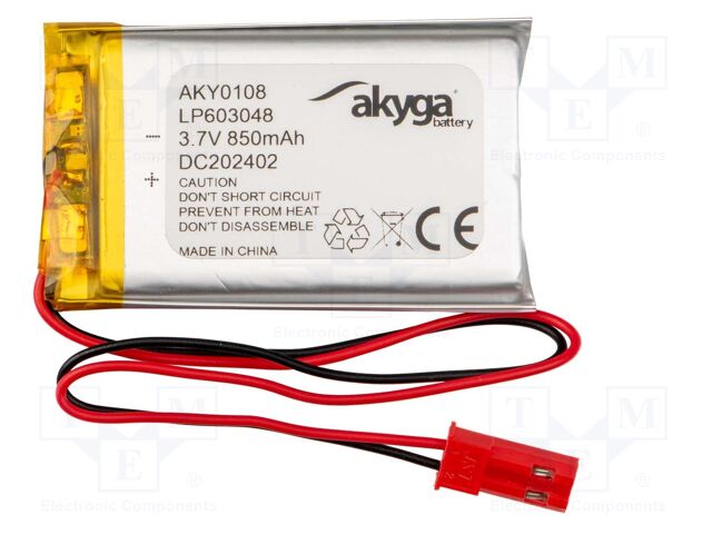 Re-battery: Li-Po; 3.7V; 850mAh; cables,JST SYP-02T-1 socket