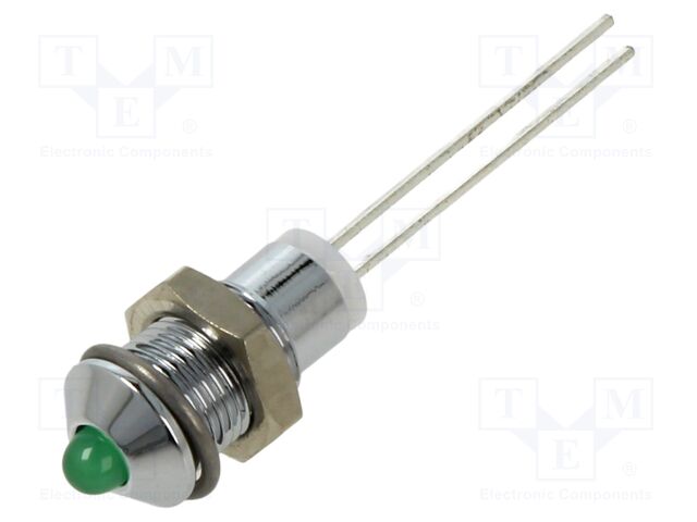 Indicator: LED; prominent; green; 2.2VDC; Ø6mm; 2pin; metal