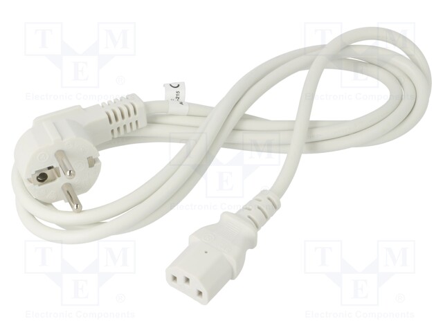Cable; CEE 7/7 (E/F) plug angled,IEC C13 female; PVC; 2m; white