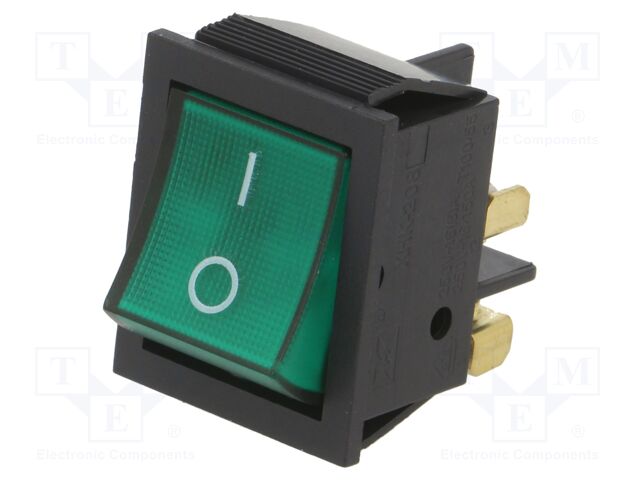ROCKER; Pos: 2; 16A/250VAC; green; neon lamp; Body: black; 230V