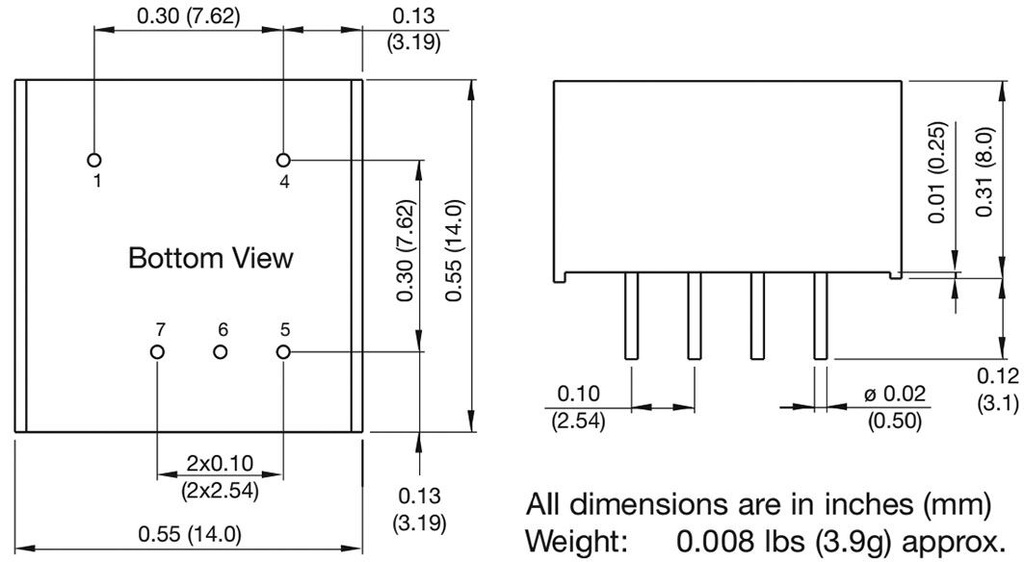 Converter: DC/DC; 3W; Uin: 9÷18V; 12VDC; Iout: 250mA; SIP8; 14x14x8mm