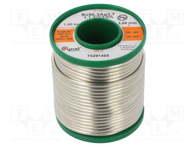 Soldering wire; Sn96,3Ag3,7; 3mm; 1kg; lead free; Package: reel