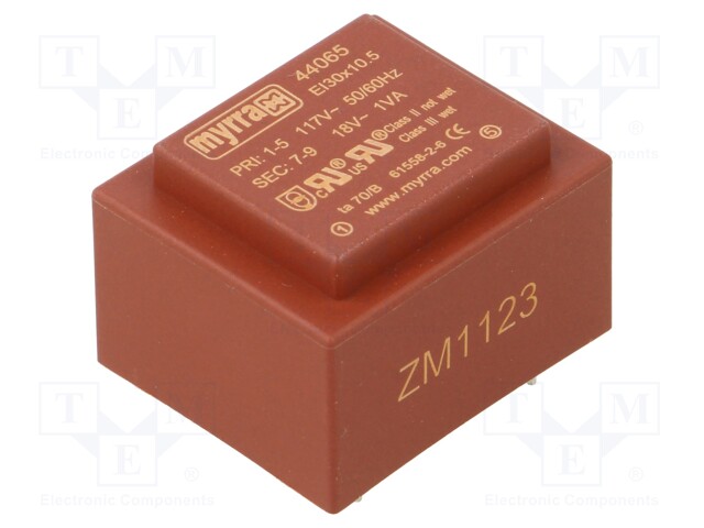 Transformer: encapsulated; 1VA; 117VAC; 18V; 56mA; Mounting: PCB