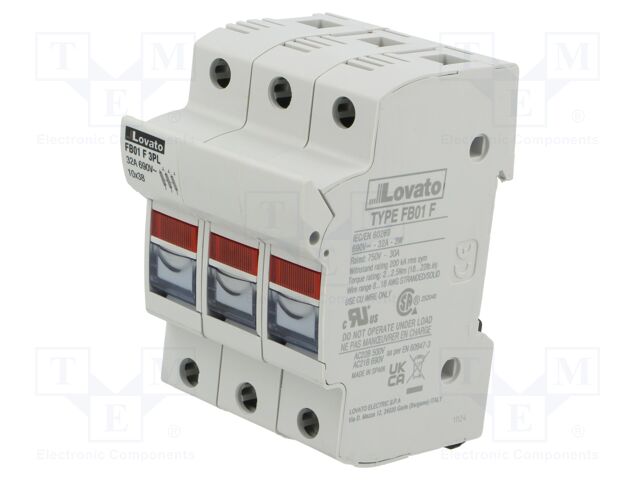 Fuse base; 10x38mm; for DIN rail mounting; 32A; 690VAC; Poles: 3