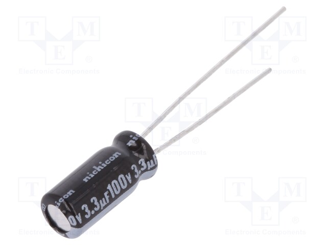 Capacitor: electrolytic; THT; 3.3uF; 100VDC; Ø5x11mm; Pitch: 2mm