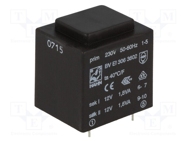 Transformer: encapsulated; 3.6VA; 230VAC; 12V; 12V; 150mA; 150mA