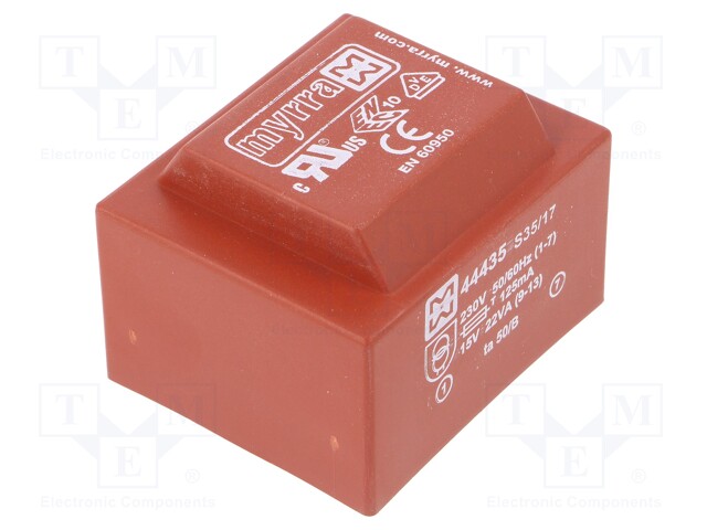 Transformer: encapsulated; 22VA; 230VAC; 15V; 1467mA; Mounting: PCB