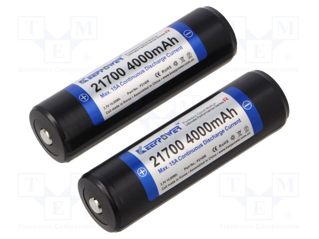 Re-battery: Li-Ion; 21700; 3.7V; 4000mAh; Ø21.6x74.5mm; 15A