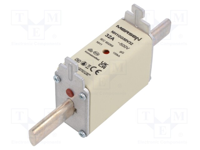 Fuse: fuse; gG; 32A; 500VAC; 250VDC; ceramic,industrial; NH1