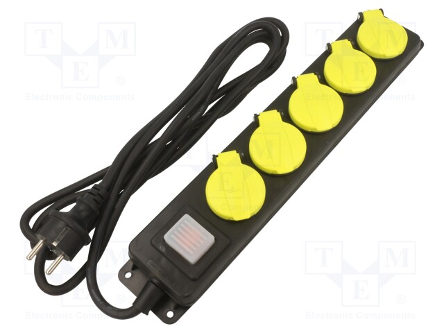 Extension lead; Sockets: 5; rubber; black; 3m; 16A