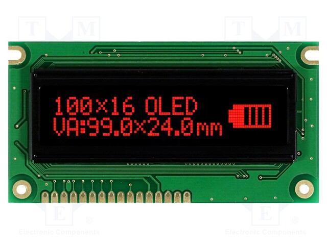 Display: OLED; graphical; 100x16; Window dimensions: 66x16mm; red