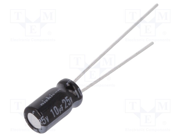 Capacitor: electrolytic; THT; 10uF; 25VDC; Ø5x9mm; Pitch: 2mm; ±20%