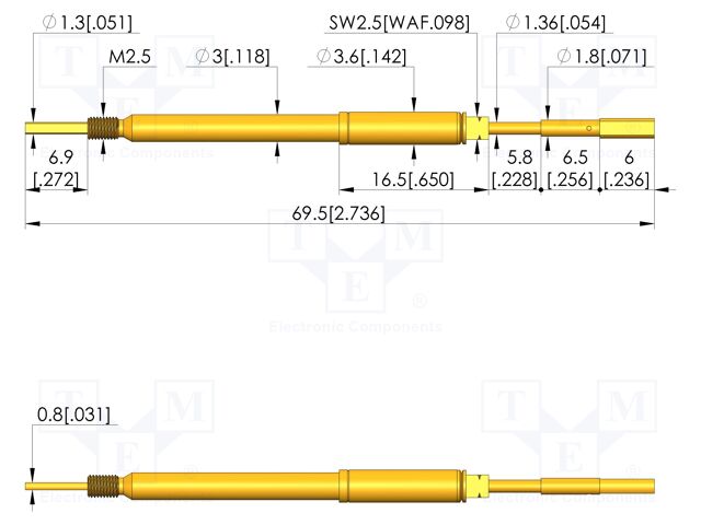 Test needle; Spring compression: 5mm; 5.5mm; 8A; steel; Ø: 2.2mm