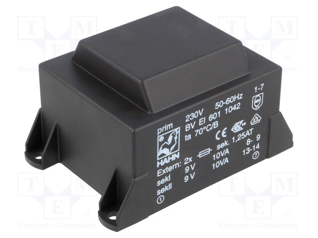 Transformer: encapsulated; 20VA; 230VAC; 9V; 9V; 1111mA; 1111mA