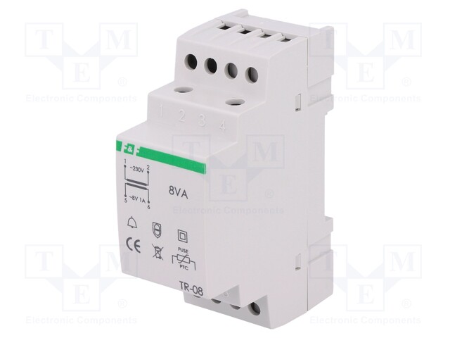 Transformer: mains; 8VA; 230VAC; 8V; 1A; Mounting: DIN; 300g