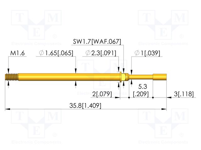 Test needle; Spring compression: 4mm; 5.3mm; 8A; CuBe; gold-plated