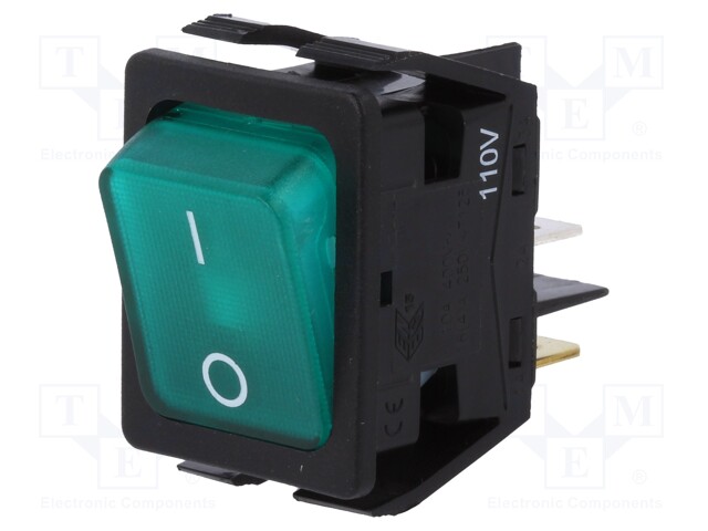 ROCKER; DPST; Pos: 2; OFF-ON; 16A/250VAC; green; neon lamp 125V