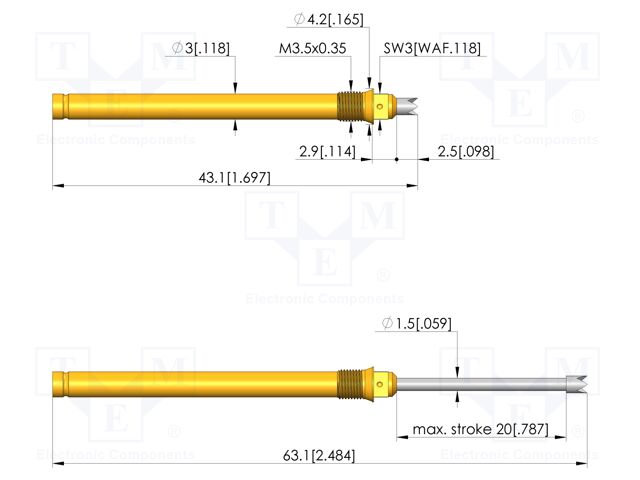 Test needle; Spring compression: 12mm; 20mm; 2A; steel; Ø: 2mm; 1.7N