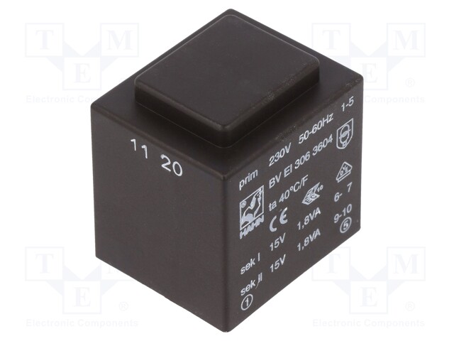 Transformer: encapsulated; 3.6VA; 230VAC; 15V; 15V; 120mA; 120mA