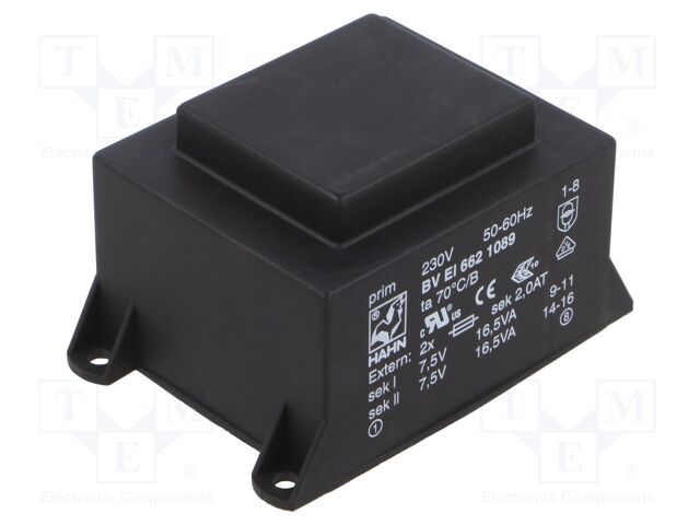 Transformer: encapsulated; 33VA; 230VAC; 7.5V; 7.5V; 2200mA; 2200mA