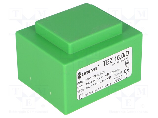 Transformer: encapsulated; 16VA; 230VAC; 18V; 18V; 444.4mA; 444.4mA
