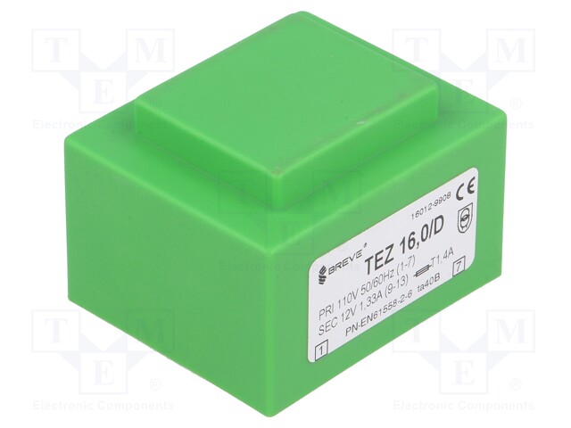 Transformer: encapsulated; 16VA; 110VAC; 12V; 1333.3mA; IP00; 420g