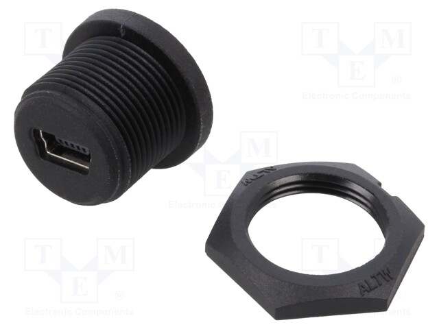 Socket; USB B mini; for panel mounting,screw; THT; straight; IP67