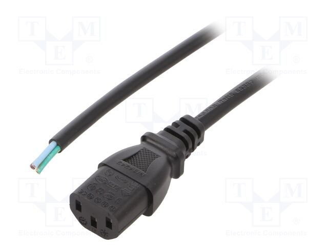 Cable; IEC C13 female,wires; 0.5m; black; PVC; 3x0,75mm2; 10A; 250V