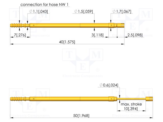Test needle; Spring compression: 6mm; 10mm; 2A; CuBe; gold-plated