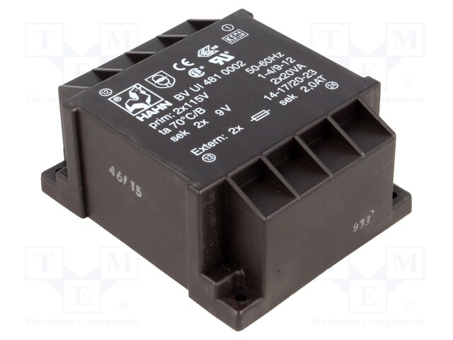 Transformer: encapsulated; 40VA; 115/115VAC; 9V; 9V; 2222mA; 2222mA